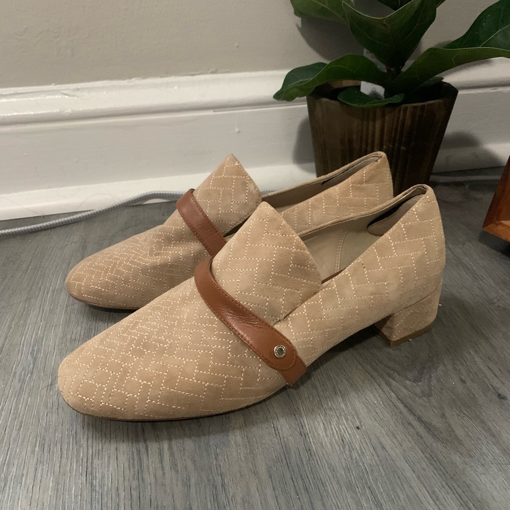 Cole Hann Loafer with brown belt and a small heel
